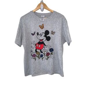 Disney Mickey Mouse Heather Grey Graphic Tee Butterfly Floral Size XL